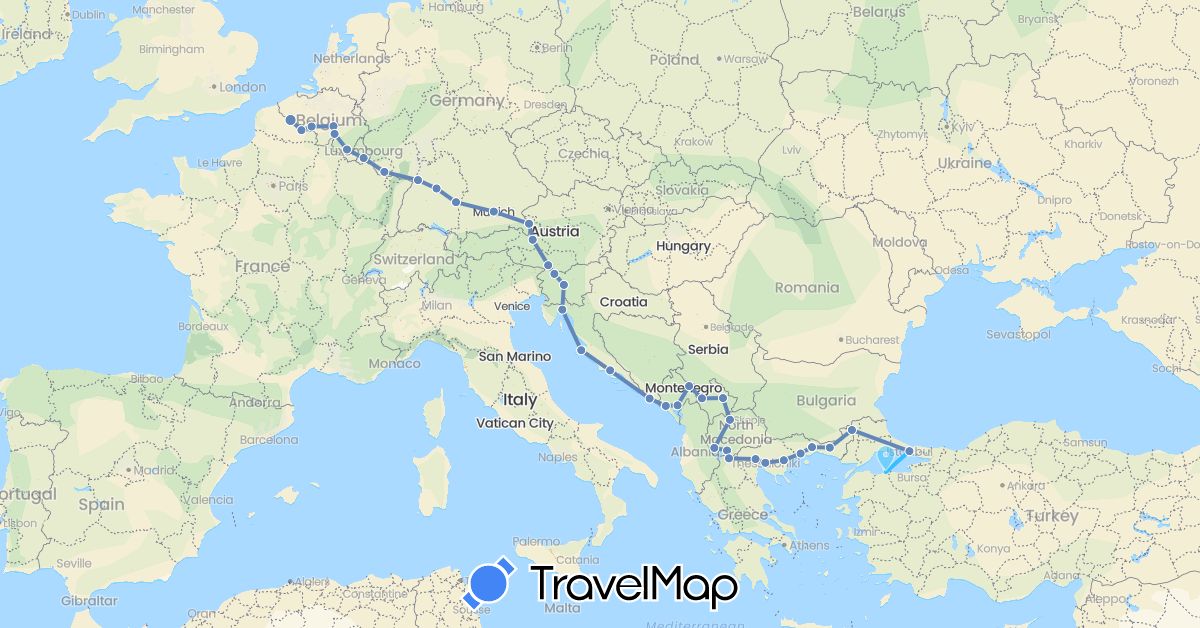 TravelMap itinerary: driving, cycling, boat in Austria, Belgium, Germany, France, Greece, Croatia, Luxembourg, Montenegro, Macedonia, Slovenia, Turkey, Kosovo (Asia, Europe)